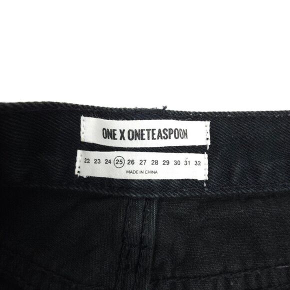 ONE TEASPOON No 2s Low Waist Jean Short Raw Curved Hem Black Denim Boho Grunge - Picture 2 of 10